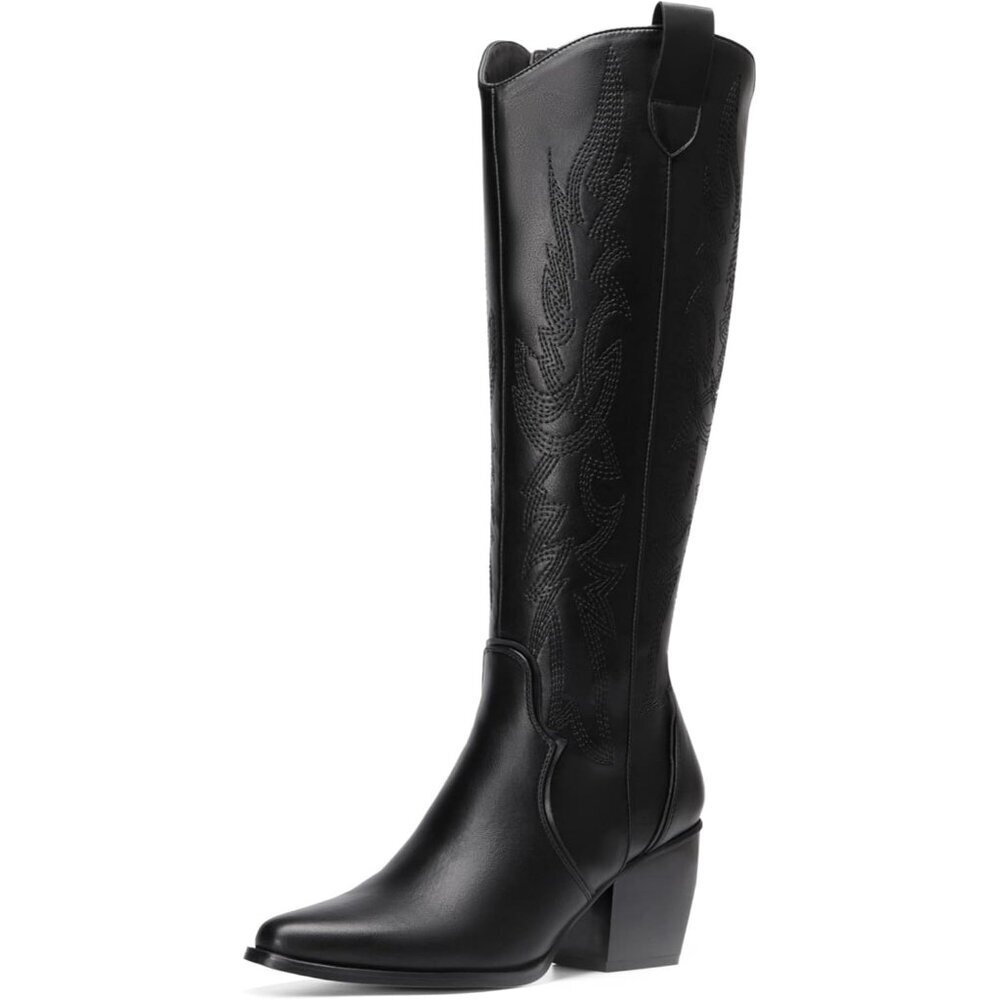 DREAM PAIRS Womens Black Cowboy Boots Wide Calf Knee High Boots Ladies